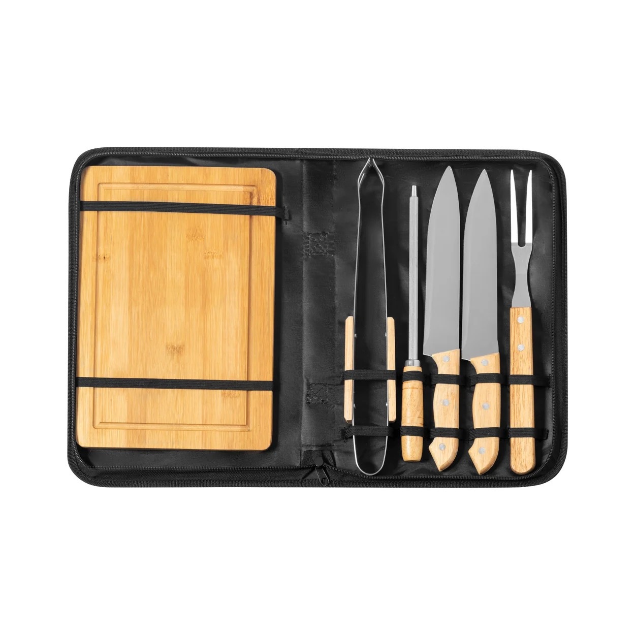 Amazon utensilios para hornear de acero inoxidable herramientas de picnic al aire libre tabla de cortar juego de cuchillo y tenedor barbacoa combinación de bolsa de tela juego
