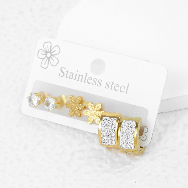 Stud Earrings Set Gold Stainless Steel Floral Diamond Inlaid_voghion.com
