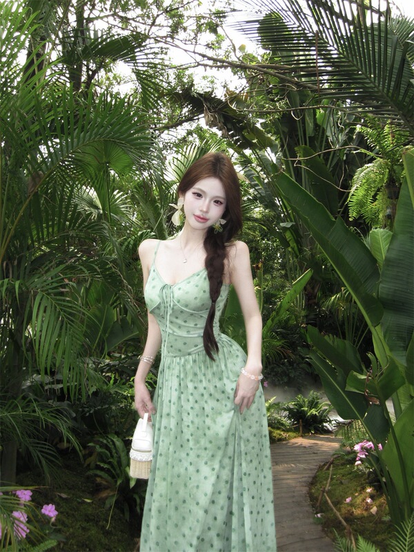 French-Style Polka Dot Green Spaghetti Strap Dress for Women, Summer Elegant Drapey Waist-Cinching A-Line Dress, Beach Vacation Style Long Dress French-Style Polka Dot Green Spaghetti Strap Dress for Women, Summer Elegant Drapey Waist-Cinching A-Line Dress, Beach Vacation Style Long Dress