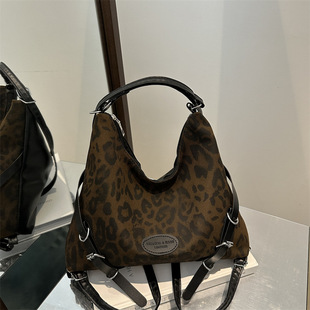 Korean Style Retro Leopard Print Tote Bag Women's 2024 New College Style Large Capacity Backpack Commuter Shoulder Crossbody Bag