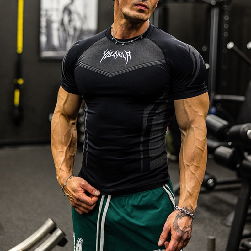 Youngla American Summer New Men's Tight T-Shirt Jogger Sports Fitness Running Training Quick-Drying Short-Sleeved