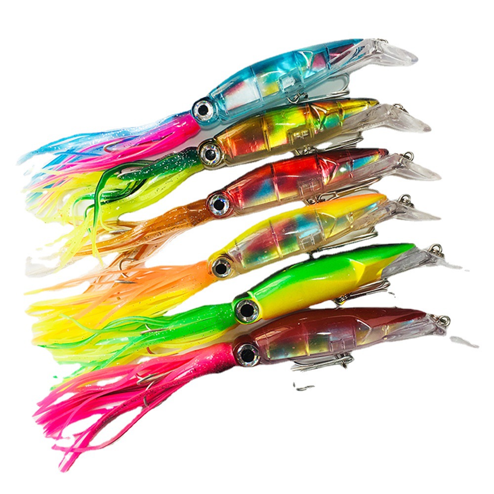 6 Pcs Large Simulation Squid Fishing Lures Baits Squid Skirts Hard Fishing Lures Lifelike Swimbait Octopus Bait Trolling Lures Saltwater with 2 Treble Minnow Hooks