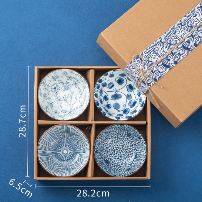 Juego de Tazones para Arroz Azules y Blancos, Estilo Japonés, en Caja Regalo