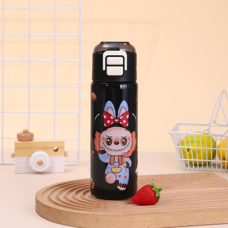 人気の漫画 Labubu ストローダブルドリンクカップバウンスポータブル子供用魔法瓶カップ屋外付属スポーツウォーターカップ|undefined