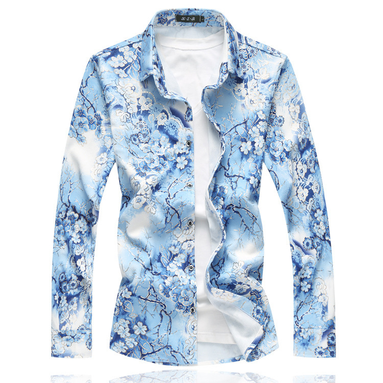 淘宝男士春秋新款大码花衬衫长袖衬衣男式韩版修身翻领男装上衣棉