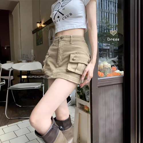  Summer Slimming American Style Skirt High Waist A-Line Short Skirt in Khaki Denim for Girls