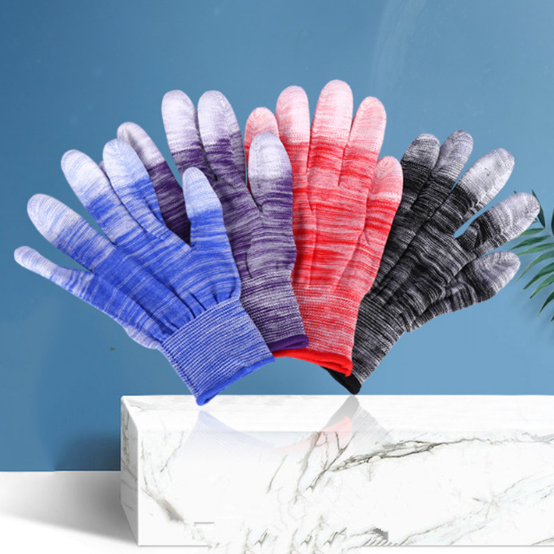 PU涂指条纹彩色尼龙手套手指挂胶透气园林采摘工地干活工作手套