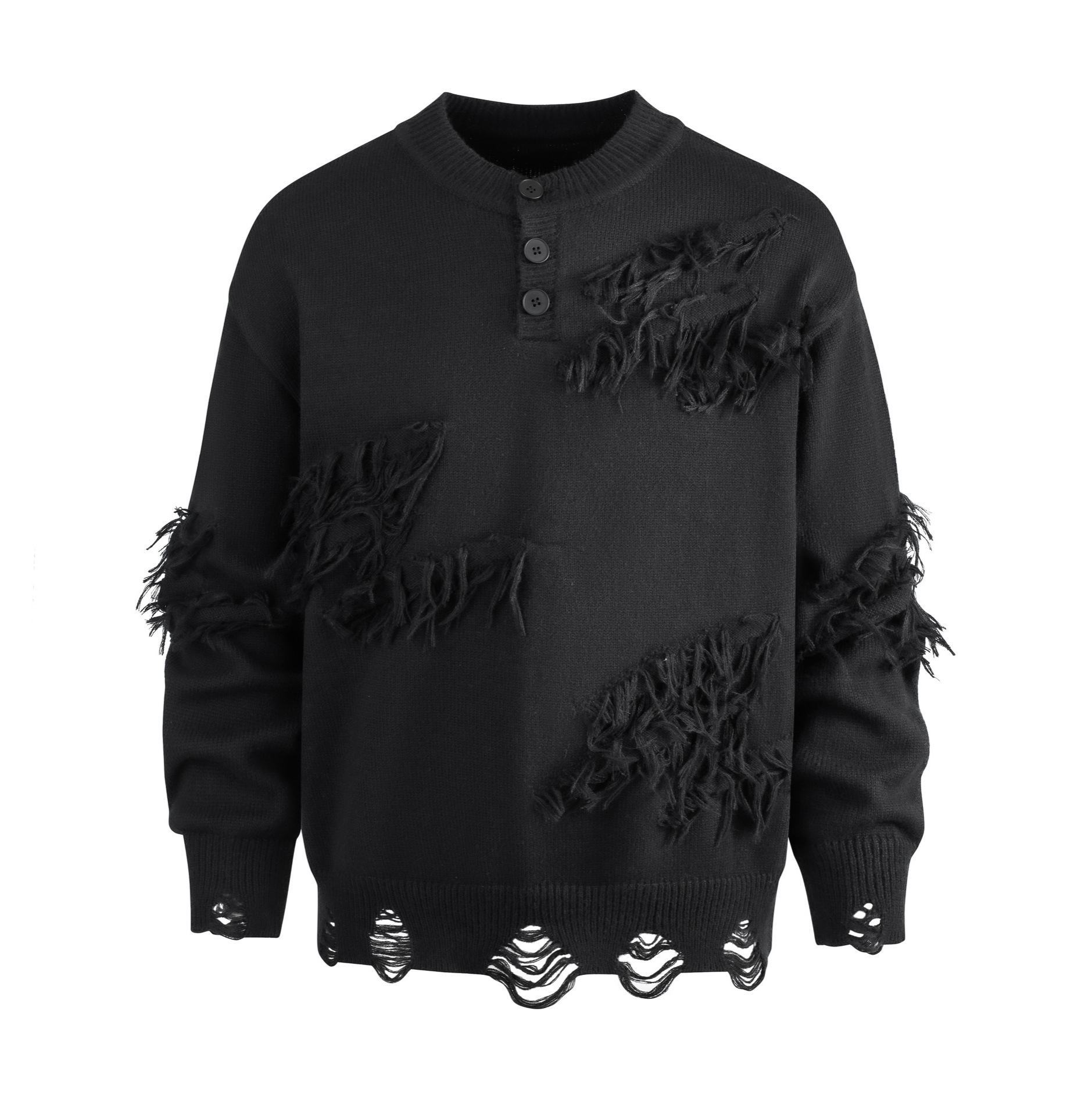 Men's Distressed Knit Sweater - Oversized Retro Pullover With Shirt Collar (White/Black/Gray) Fashion Trends_voghion.com