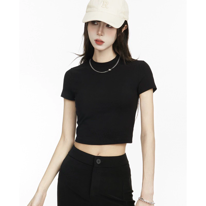 Короткая сексуальная черная футболка с короткими рукавами в корейском стиле для женщин с маленькой талией и универсальным модальным топом для похудения