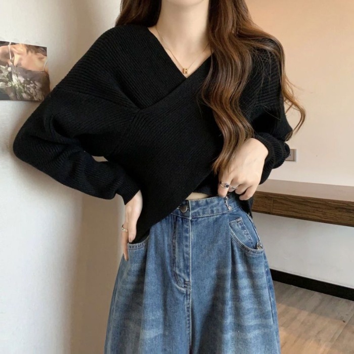 不规则交叉v领套头毛衣女秋冬内搭宽松慵懒短款针织衫上衣设计感|undefined