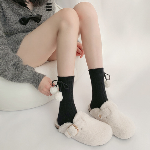 Autumn and winter warm wool socks jk pile socks Maillard style fur ball bow socks student soft girl calf socks