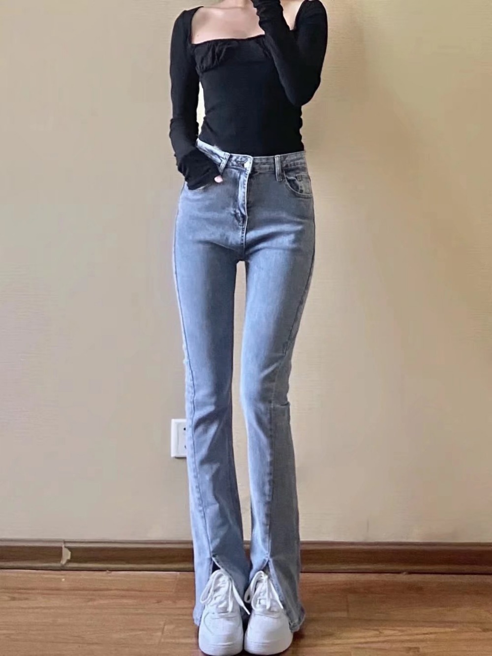 Letter labeling elastic slim fit slit jeans NSXDX117335