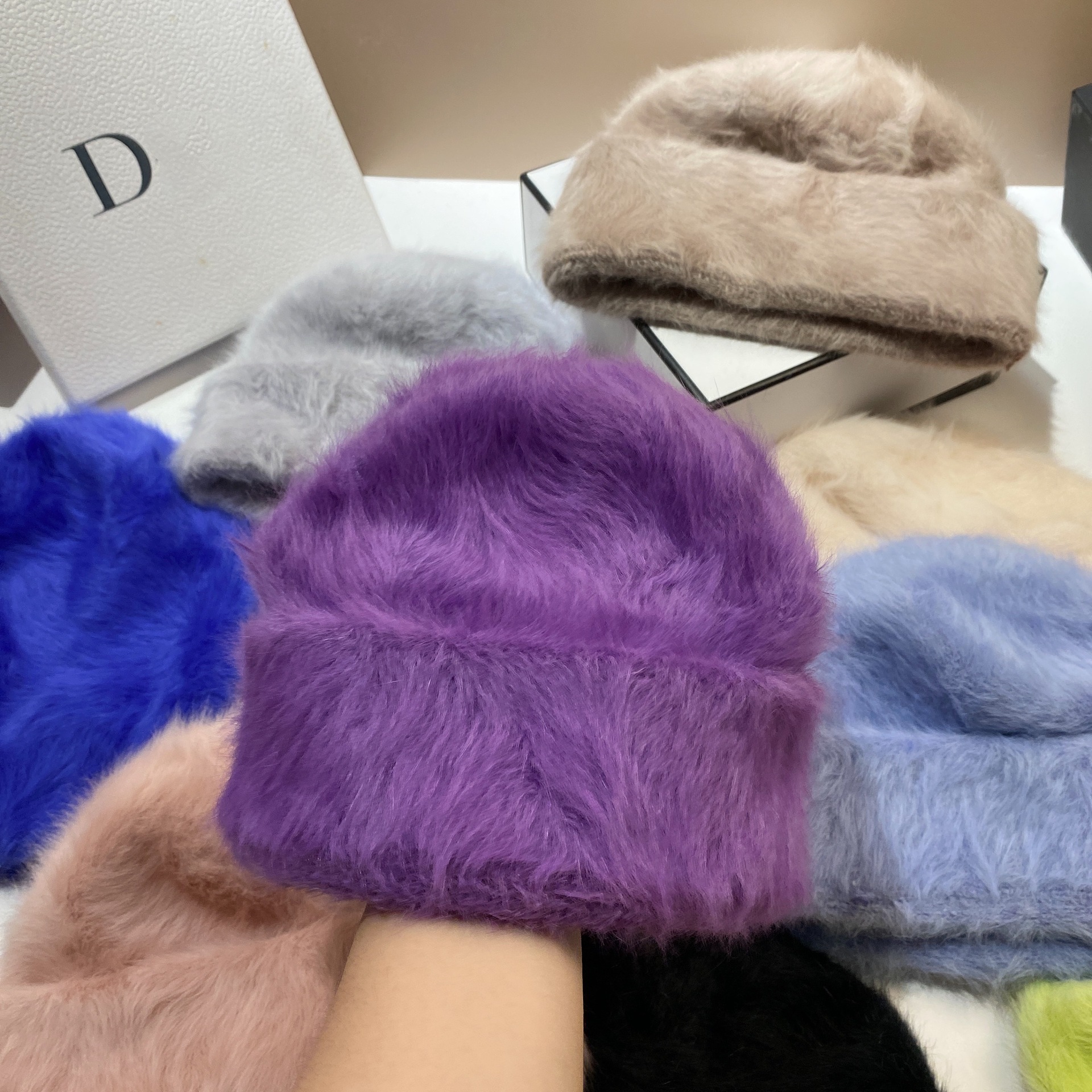 Koreansk plys-hat med to iført pandebånd til varme i efteråret og vinteren, Angora-kaninhår-hat, moderigtigt og_voghion.com