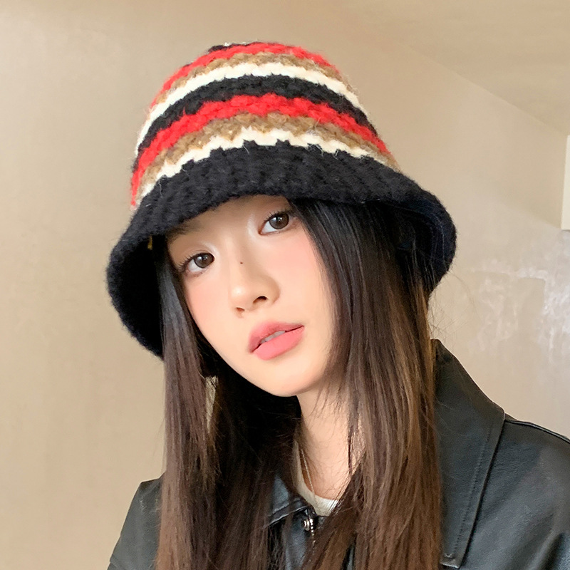 秋冬百搭拼色针织渔夫帽韩系户外防风保暖毛线帽休闲显脸小盆帽新|undefined