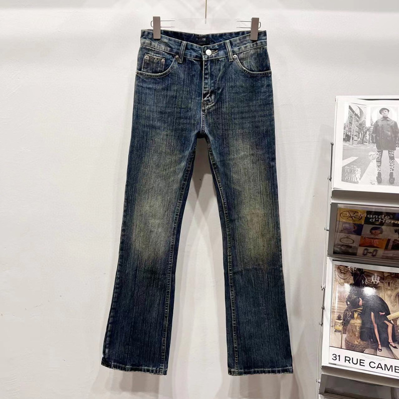 High-End Paris New Washed Vintage Slub Couple Style Washed B-Brand Loose Flared Unisex Jeans Wholesale