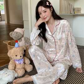 甜美少女风草莓小熊秋冬季金钻绒新款睡衣女蕾丝花边绝美开衫保暖