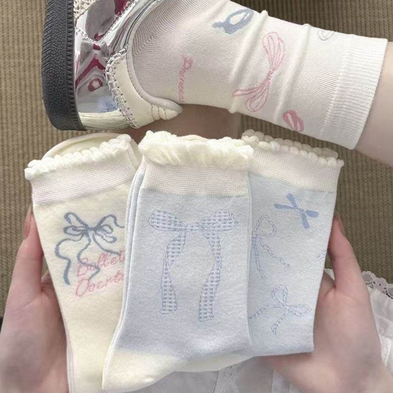 Women's Socks with Bowknot, Mid-Calf Socks for Spring and Summer, White and Blue, Fresh and Sweet Style, Korean Sweet Lace Ruffle Socks for Girls