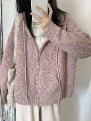 暗粉杂色连帽拉链开衫毛衣女秋冬新款慵懒学院风宽松针织软糯外套