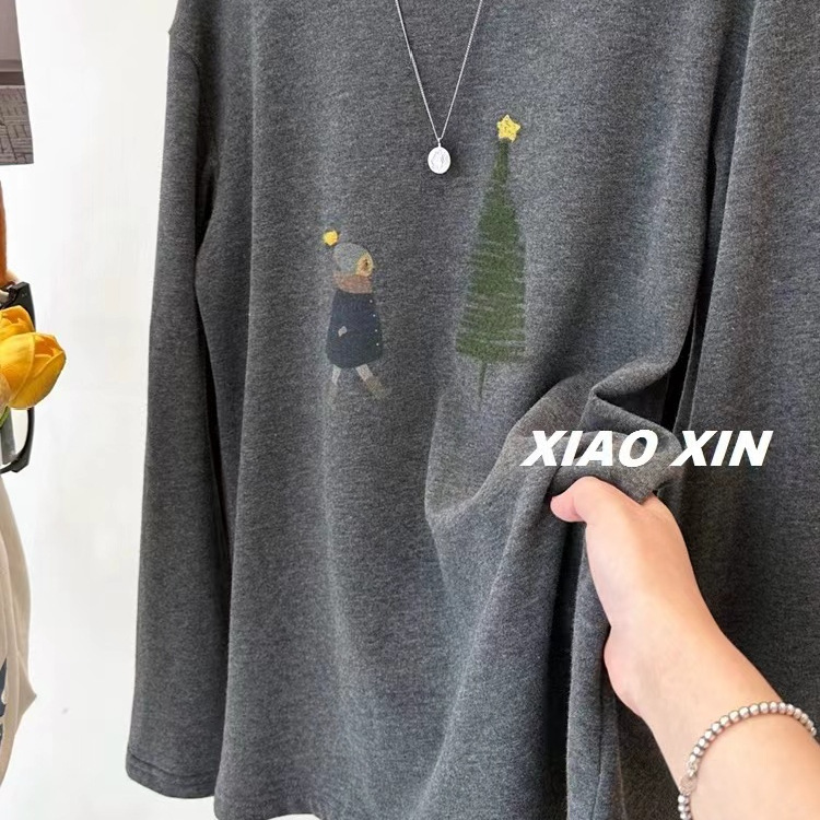 [Double-sided velvet] Christmas tree double-sided brushed long-sleeved T-shirt women's autumn and winter bottoming shirt inner jacket