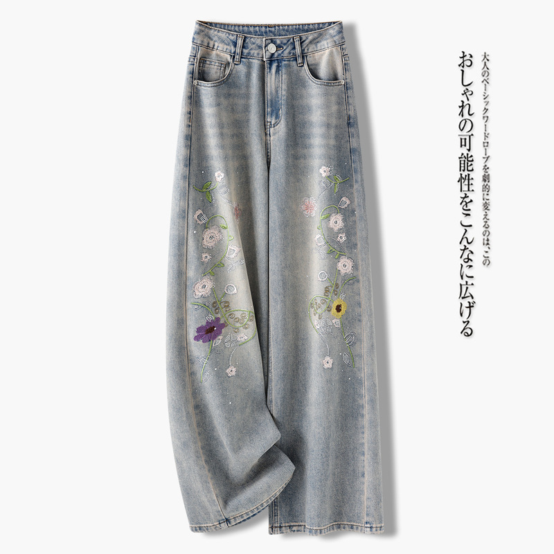 Straight-Leg Jeans for Women, Spring and Autumn Style, Loose High-Waisted, Embroidered Ethnic Style, Trendy Floral Straight-Leg Pants, Long Pants