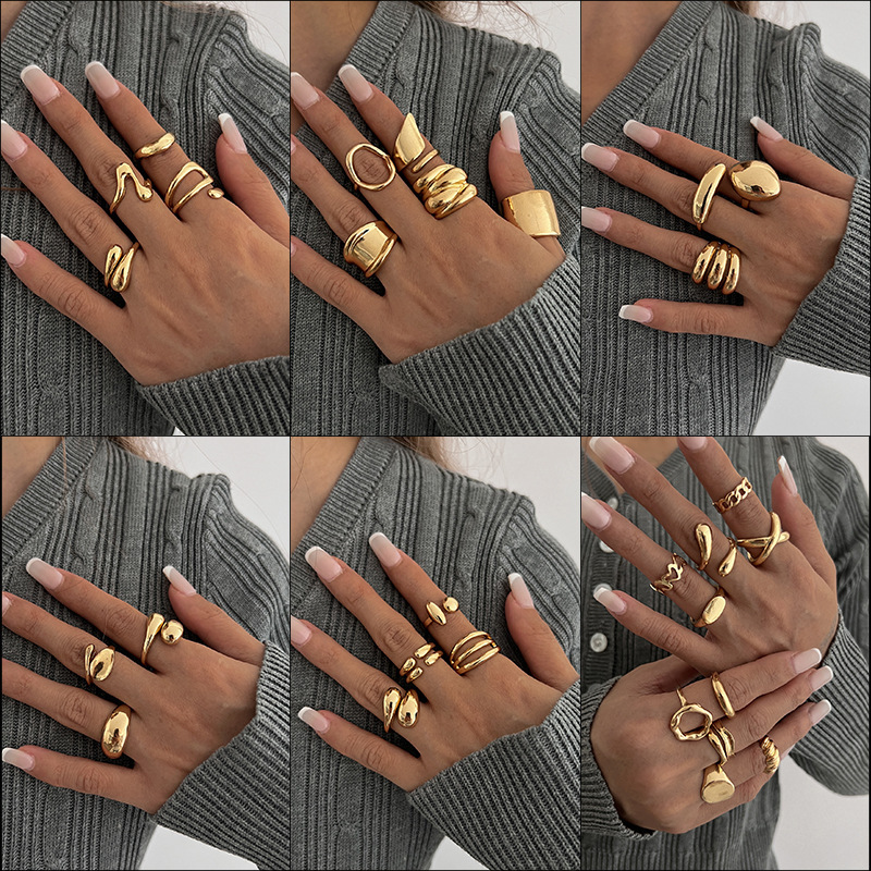 Europe and the United States cross-border hot-selling jewelry personalized smooth irregular geometric joint ring hip-hop style women's ring suit