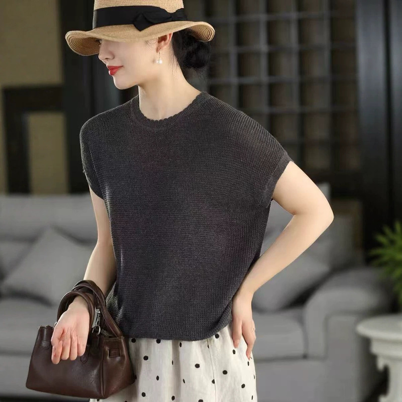 Vintage Lyocell Linen Short Sleeve Knitted Sweater for Women 2026 Artistic Solid Color Lace Round Neck T-Shirt Top Summer Vintage Lyocell Linen Short Sleeve Knitted Sweater for Women 2026 Artistic Solid Color Lace Round Neck T-Shirt Top Summer