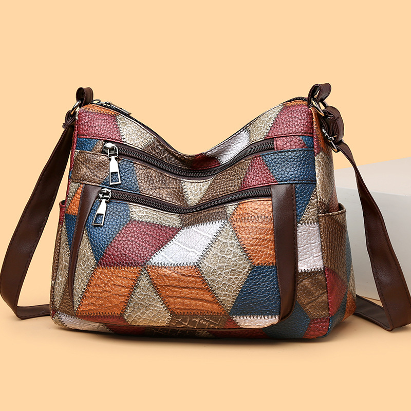 Sac à dos bandoulière patchwork grande capacité en cuir souple, style rétro simple, idéal pour les mamans d'âge mûr (collection 2024)._voghion.com