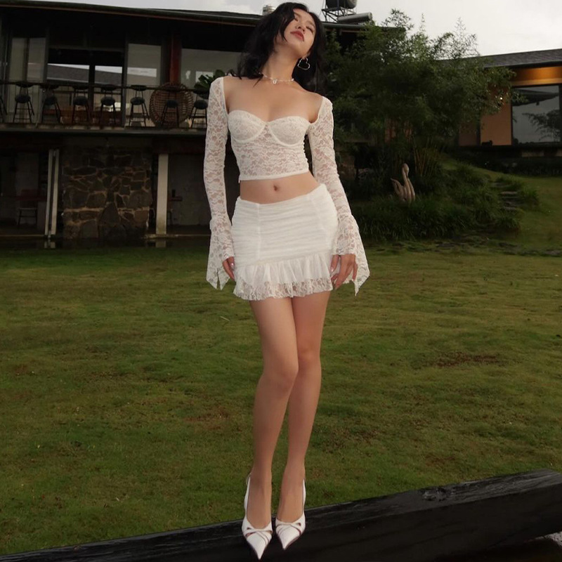 Xeemilo Franse elegante kant doorzichtige crop top met lange mouwen en ruches slanke skinny minirokken avondfeest dames 2-delige set_voghion.com