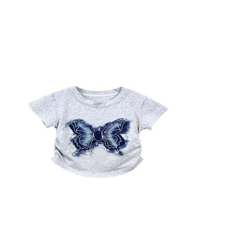 Women's Summer 2025 New 3D Washed Denim Frayed Butterfly T-Shirt Korean Version Pleated Solid Color Versatile T-Shirt