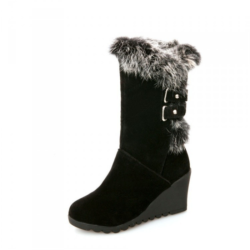 Wedge-Heeled Furry Cotton Boots, Rabbit Fur Wedge-Heeled Mid-Calf Boots, Thickened Warm Winter Boots for Women 528 Wedge-Heeled Furry Cotton Boots, Rabbit Fur Wedge-Heeled Mid-Calf Boots, Thickened Warm Winter Boots for Women 528
