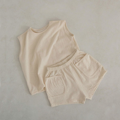 Korean summer thin vest suit for infants and young children cotton pocket shorts simple baby cute sleeveless suit