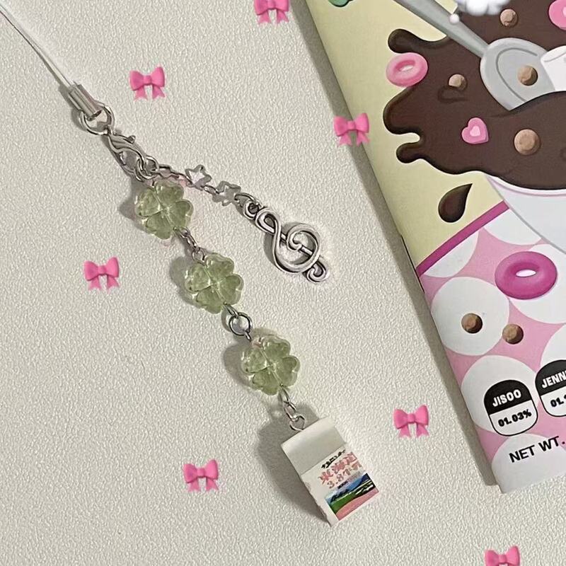 【Four-leaf clover pink milk carton】Phone chain pendant, cute pink musical note charm 【Four-leaf clover pink milk carton】Phone chain pendant, cute pink musical note charm