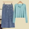 Green denim skirt, set