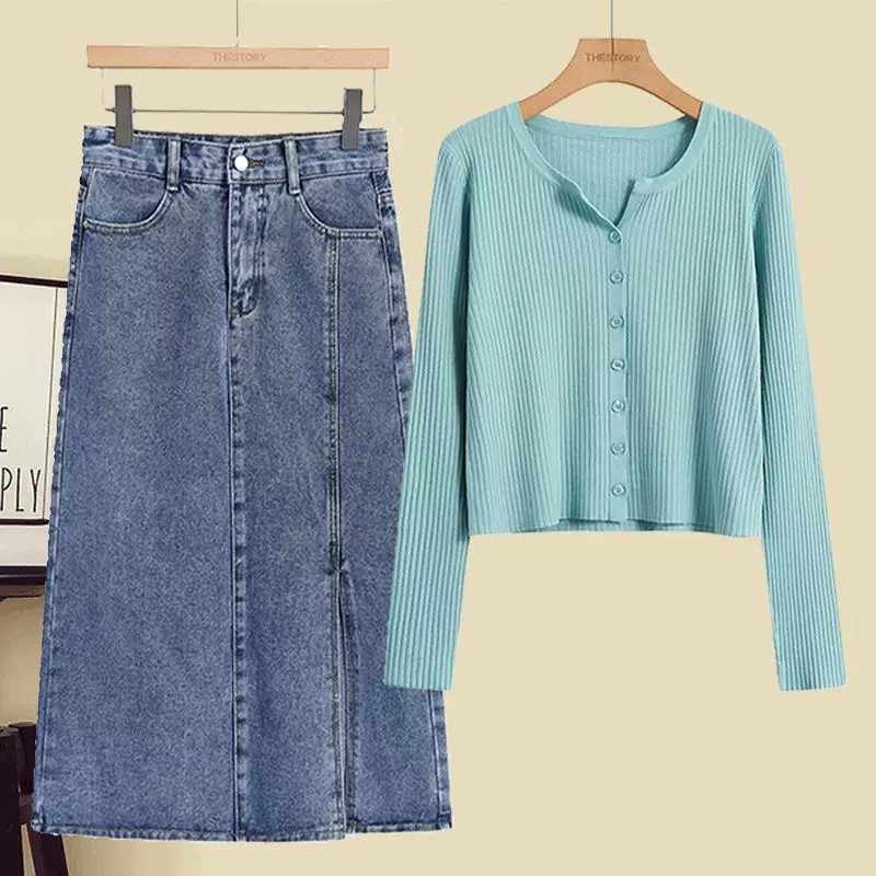 Spring set, denim skirt, plus size, western style