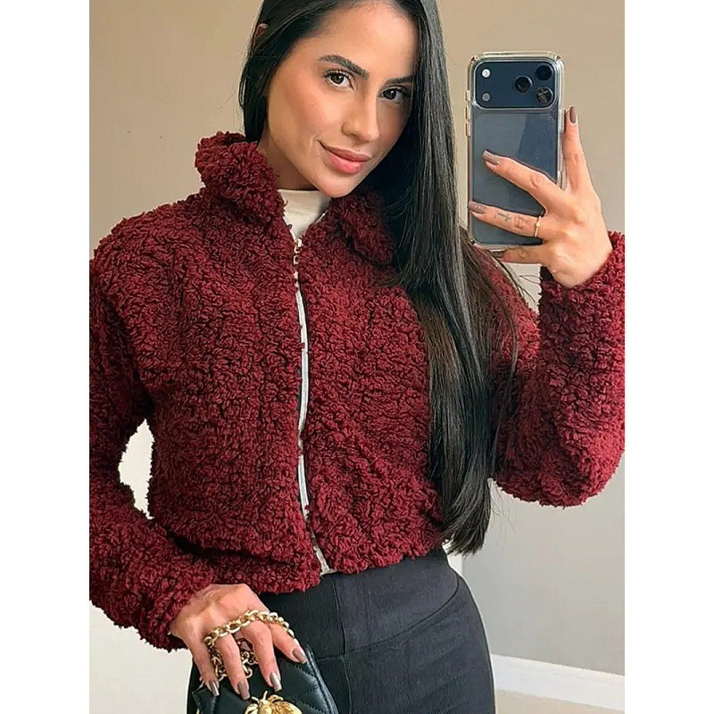 Cross-Border Foreign Trade European and American Style Burgundy Short Teddy Jacket, Faux Lamb Wool, Zip-Up, Stand Collar, Versatile Coat for Bloggers and Parties