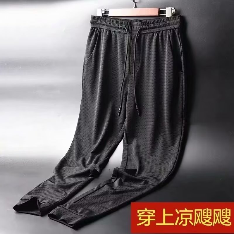 Calças casuais de seda gelo masculinas, calças esportivas finas de verão, malha de tamanho grande, leggings soltas, calças com ar condicionado 5xl