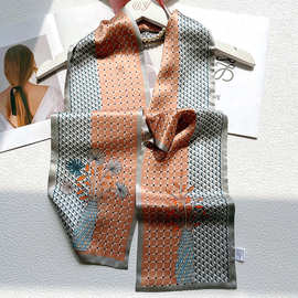 韩系气质咖灰撞色长条真丝丝巾女桑蚕丝双层双面围巾优雅女士头巾