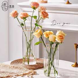 【代发】轻奢透明玻璃花瓶内竖纹条纹插花水培高级感法式装饰花瓶