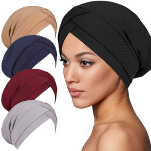Cross-Border Hot Selling Two-Layer Cross-Over Ethnic Hat with Two-Layer Forehead Stripesd Cloth Base Hat Factory Direct Sale Pure Color Hat