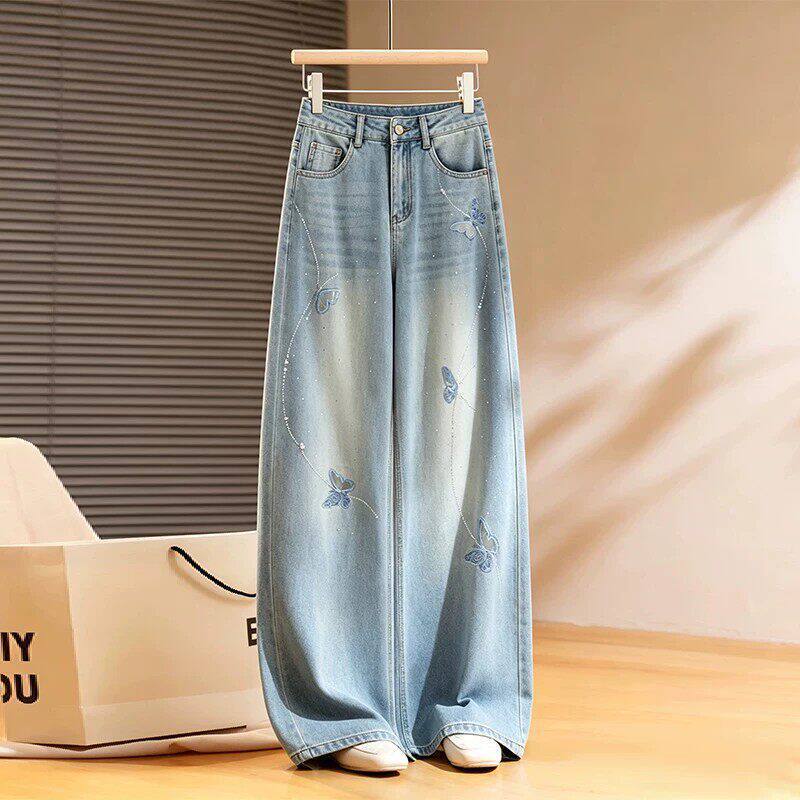 Hotfix Rhinestone Butterfly Embroidery Jeans for Women, Summer Thin Style, 2026 New High-Waisted Fashion Slimming Loose Wide-Leg Straight Pants