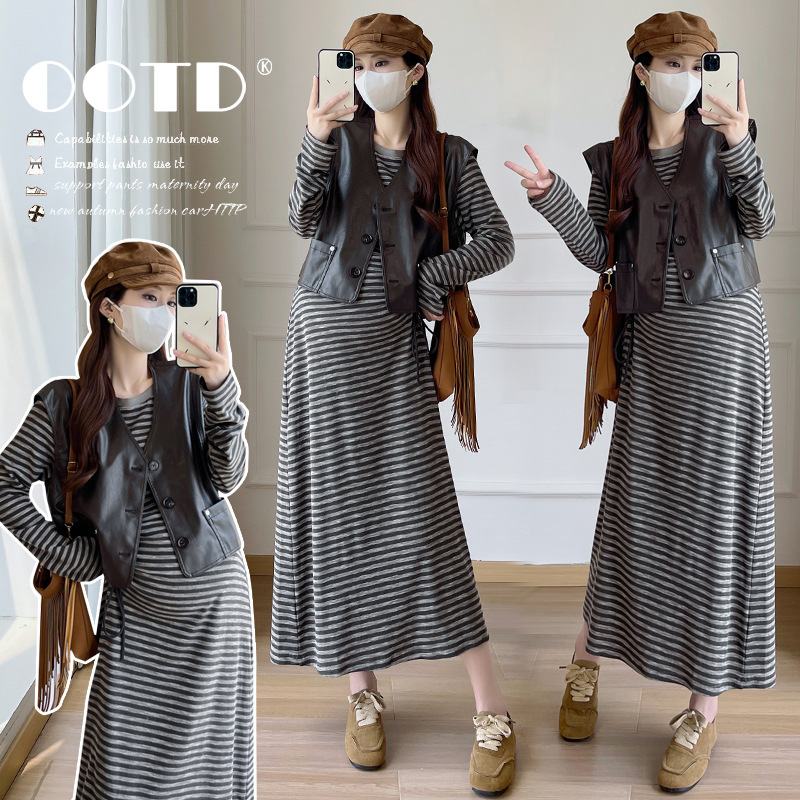 Real Shot of Autum Korean Leather Vest Stripesd Skirt Autum New Style Unique and Beautiful Salt-Based Age-Reducing Maternity Long Skirt Two-Piece Set