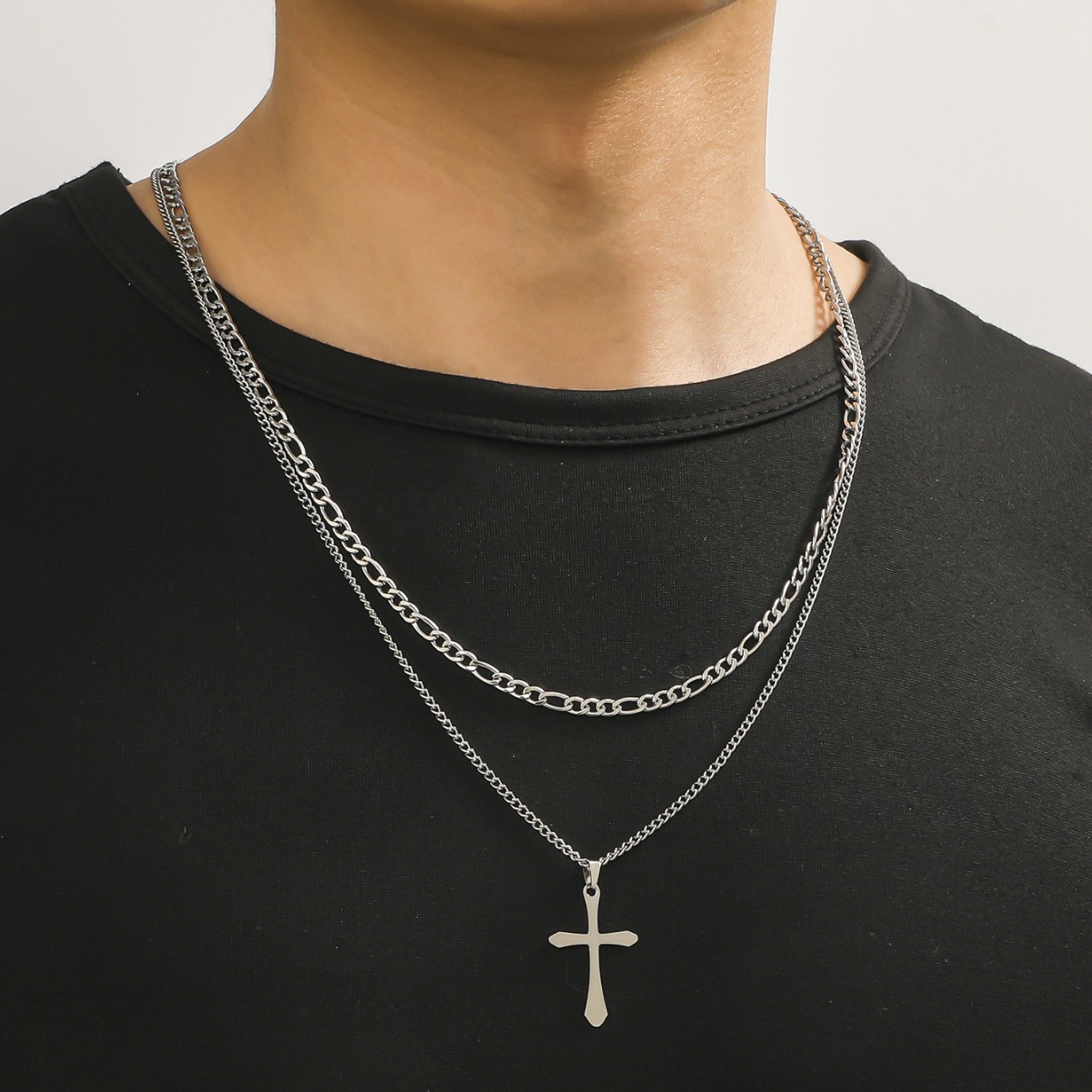 Multi-layer kruisketting voor heren hip-hopstijl titaniumstaal_voghion.com