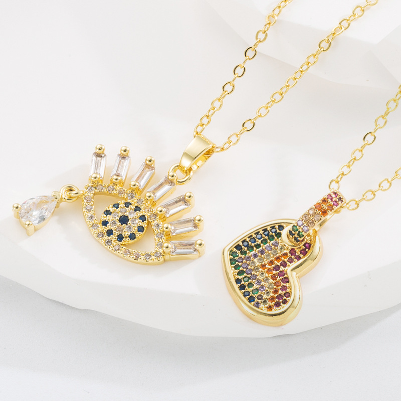 Fashion Heart Shape Eye Copper Pendant Necklace Gold Plated Zircon Copper Necklaces