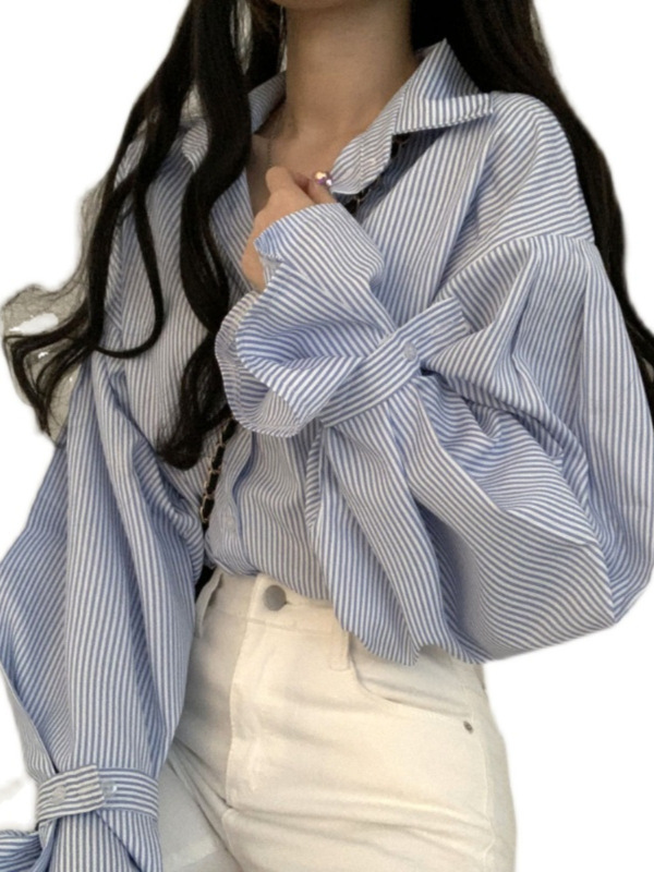 法式条纹衬衫女秋季宽松设计感小众别致上衣韩系chi简约外搭衬衣|undefined