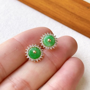 Natural A-Grade Jadeite Spicy Green Little Sun 14K Gold-Injected Earrings Zhengyang Green Full Green Earrings Live Supply Earrings