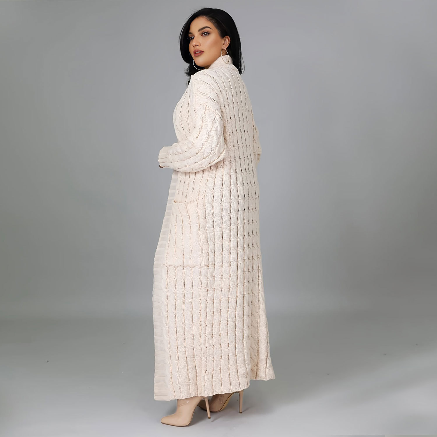 Damen Strickjacke Lang Aus Grobstrick In Unifarben Wintermantel_voghion.com