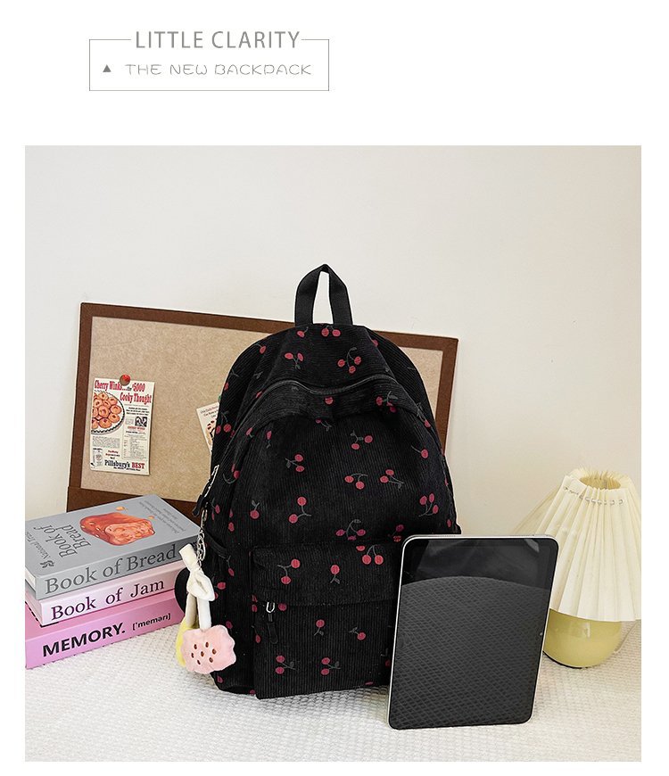 1197g Weight Polyester Lining Material Zipper Closure Type Double Shoulder Straps Strap Type Casual, School, Daily Occasion Corduroy Material Back To School Festival School Backpack Backpack Cherry Pattern All Seasons Season Women's Gender Cute Style Shell Shape Cherry Casual School Daily School Backpack 24