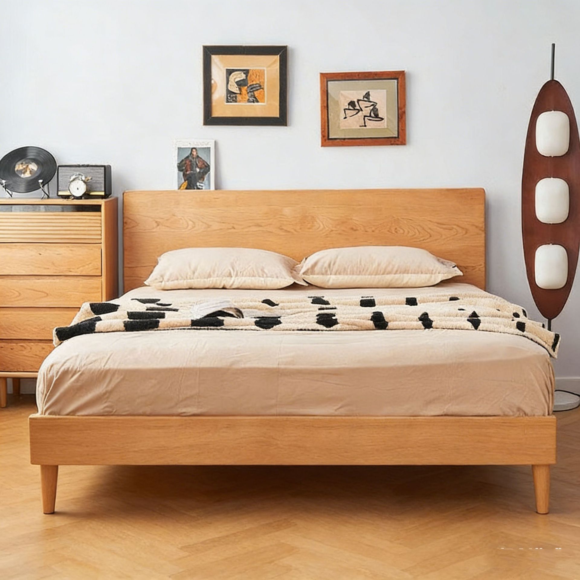 Cherry Wood Nordic island suspension bed solid wood bed master bedroom 1.5m Japanese bed 1.8m single bed log double bed