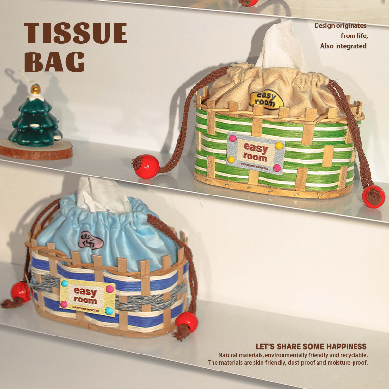 Creative Colorful Wooden Strip Woven Tissue Storage Basket Small Desktop Tissue Basket Cute Niche Tissue Box with Drawstring