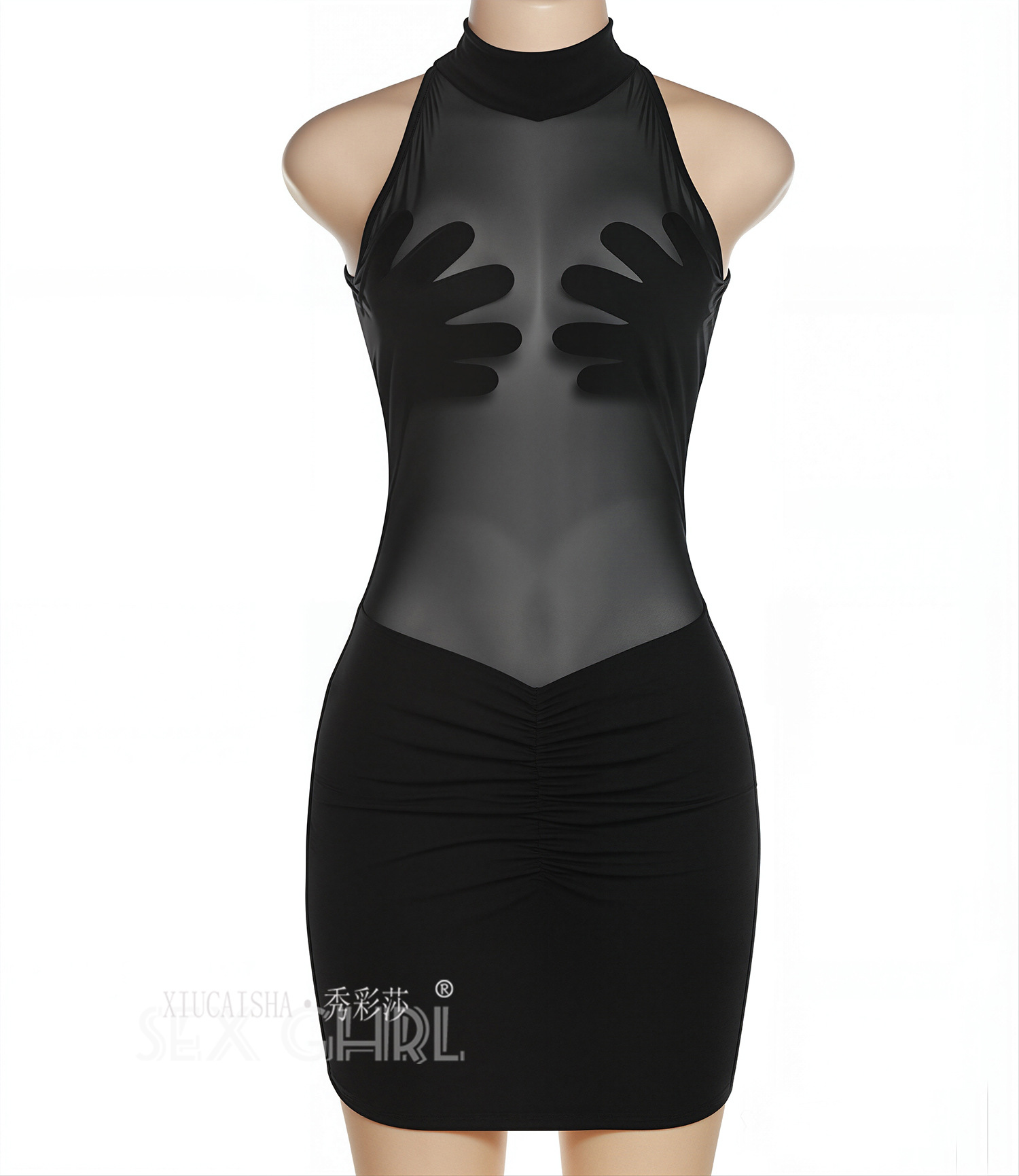 Sexy See-Through Mesh Pajama Set with Lace Blindfold, Black One Size — detail image 13